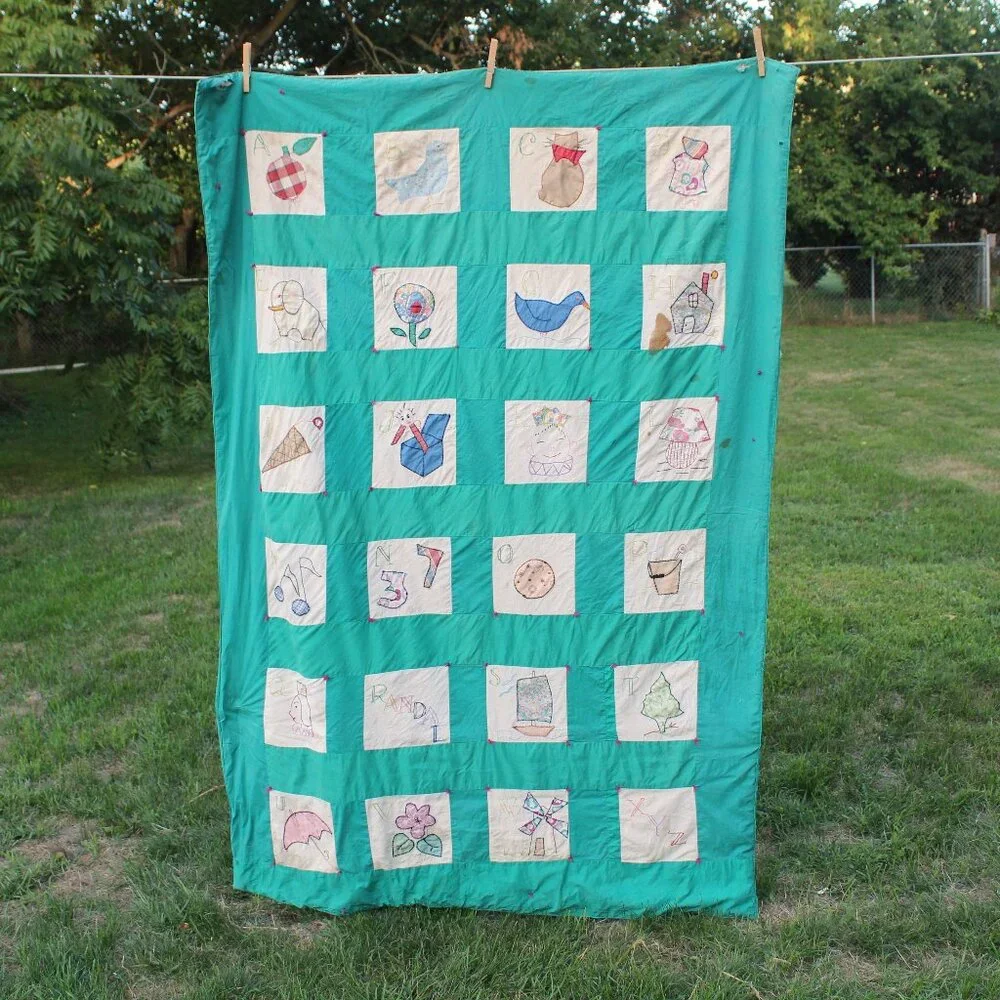MCM Vintage Patchwork Quilt Farm House Alphabet Sampler Baby Child